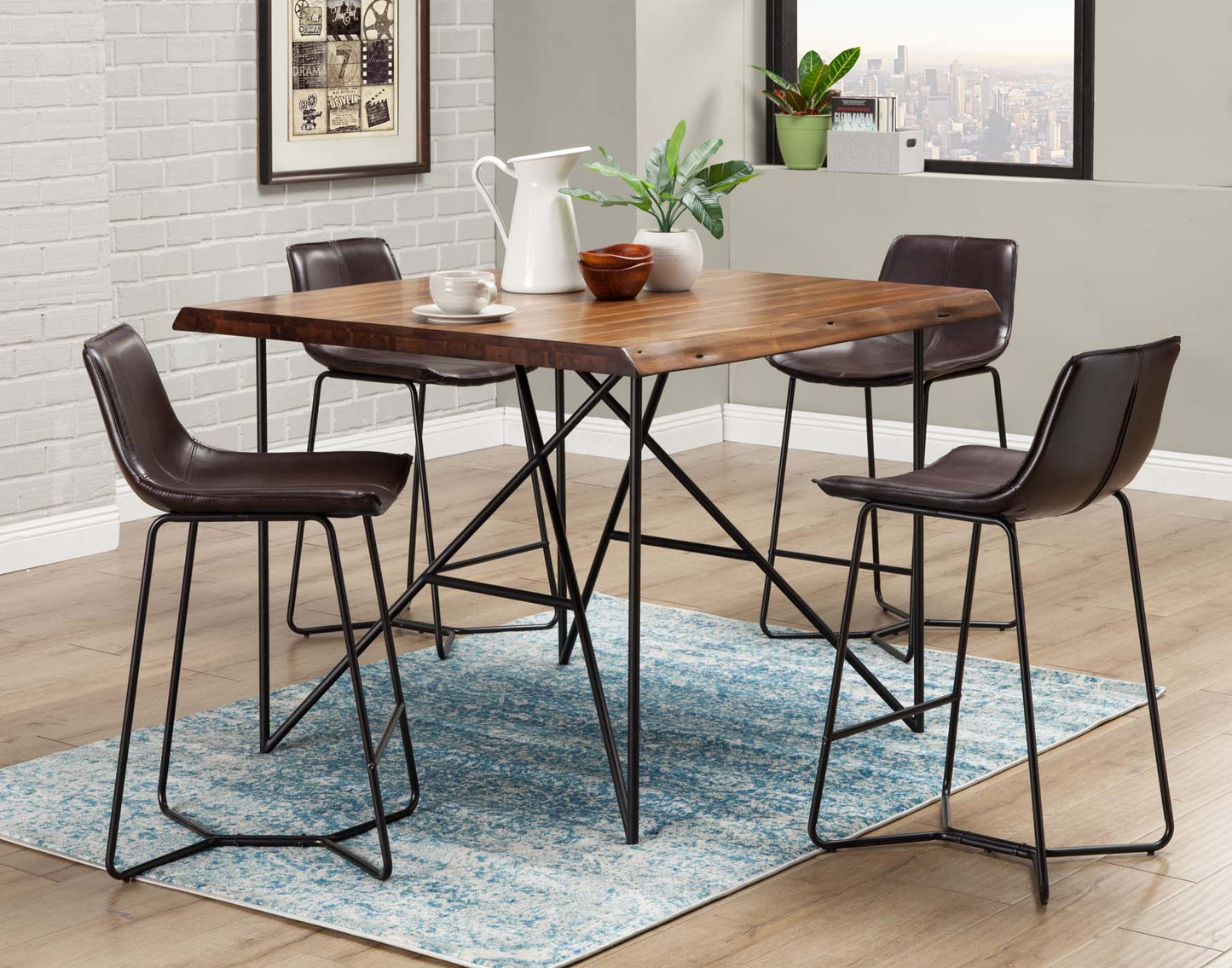 Alpine Furniture Live Edge Solid Wood Pub Table w/Metal Legs, Light Walnut