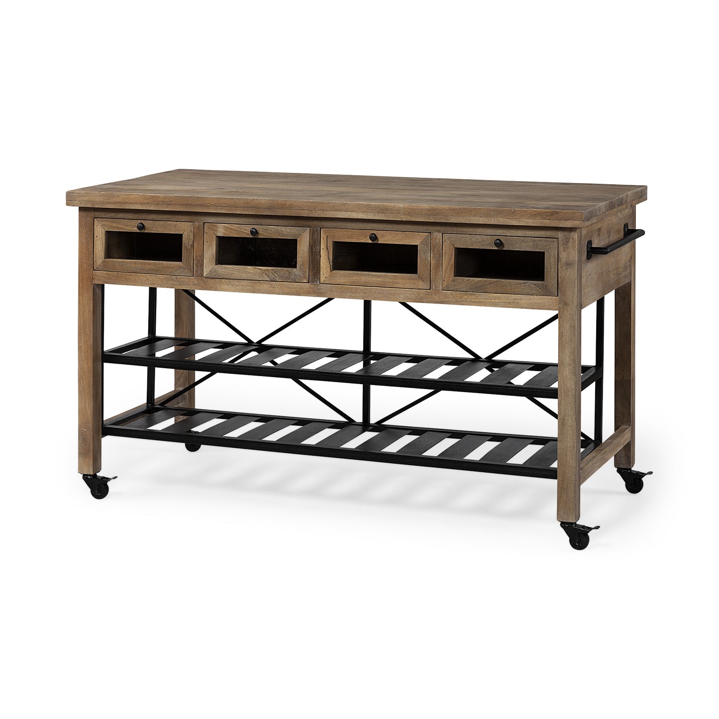 HomeRoots Brown Solid Wood Top Kitchen Island With Two Tier Black Metal Rolling