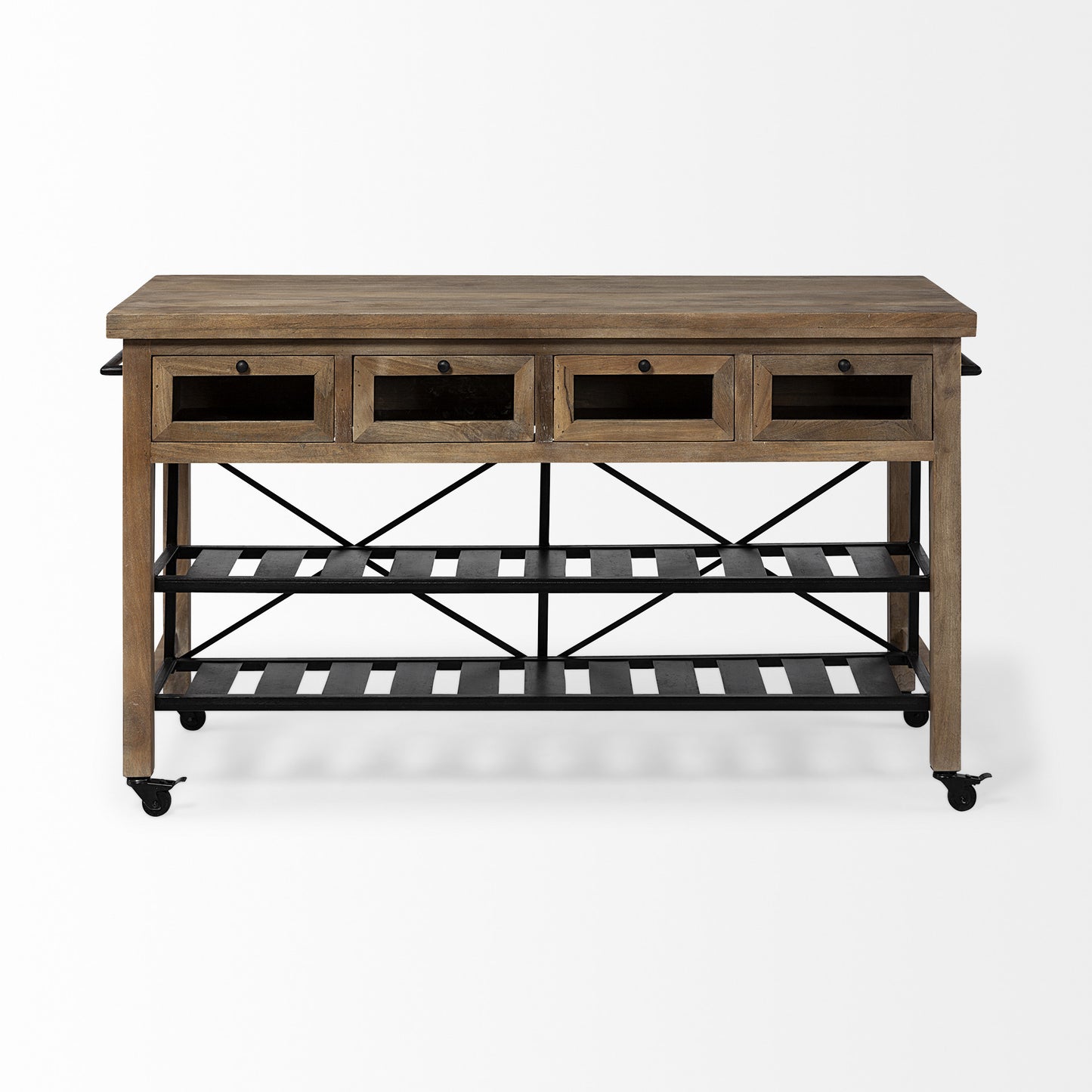 HomeRoots Brown Solid Wood Top Kitchen Island With Two Tier Black Metal Rolling