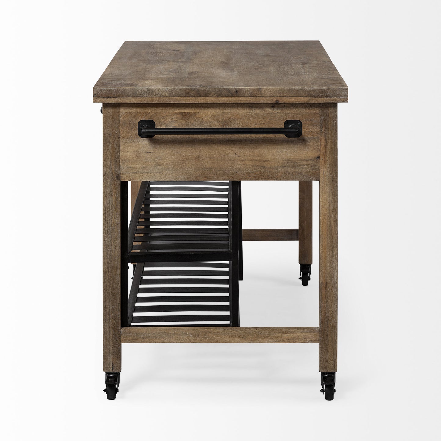 HomeRoots Brown Solid Wood Top Kitchen Island With Two Tier Black Metal Rolling