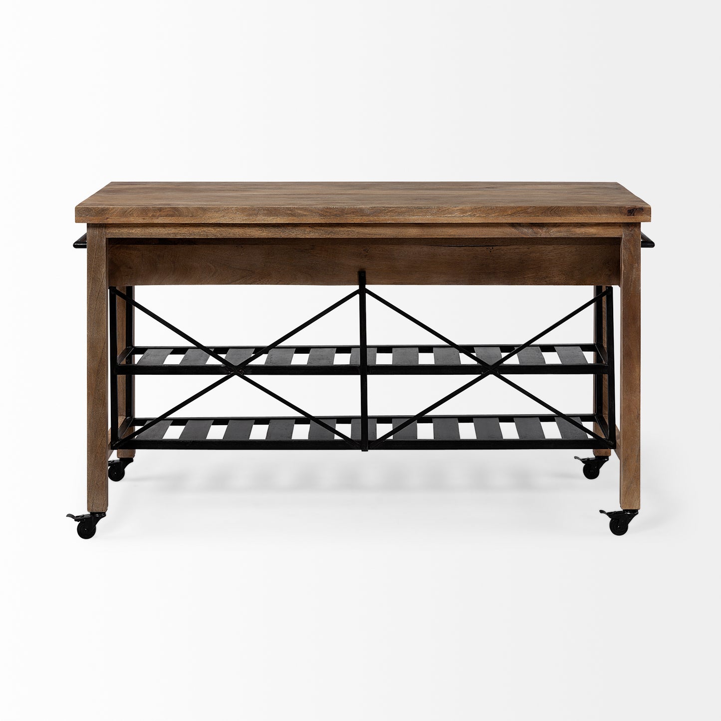 HomeRoots Brown Solid Wood Top Kitchen Island With Two Tier Black Metal Rolling