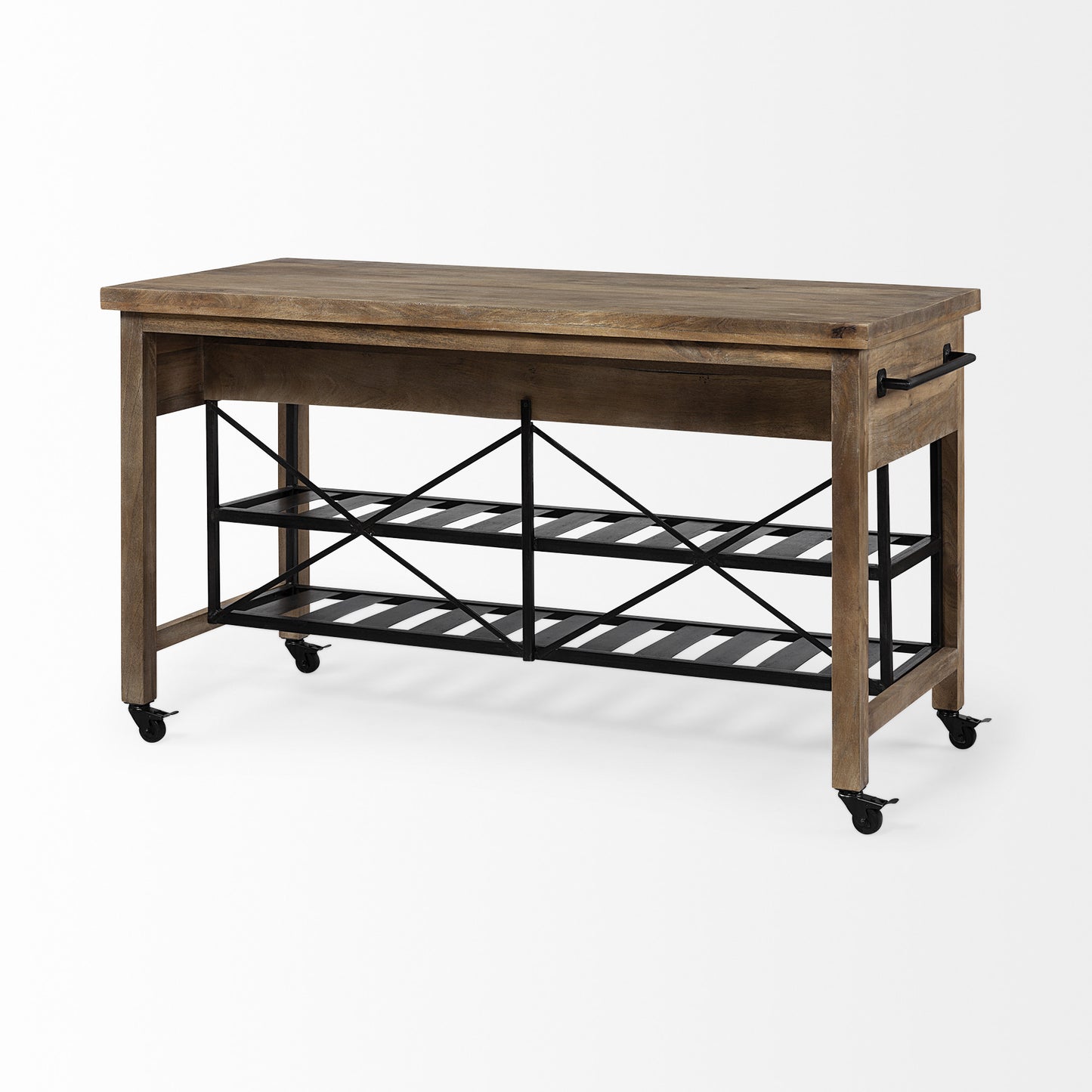 HomeRoots Brown Solid Wood Top Kitchen Island With Two Tier Black Metal Rolling
