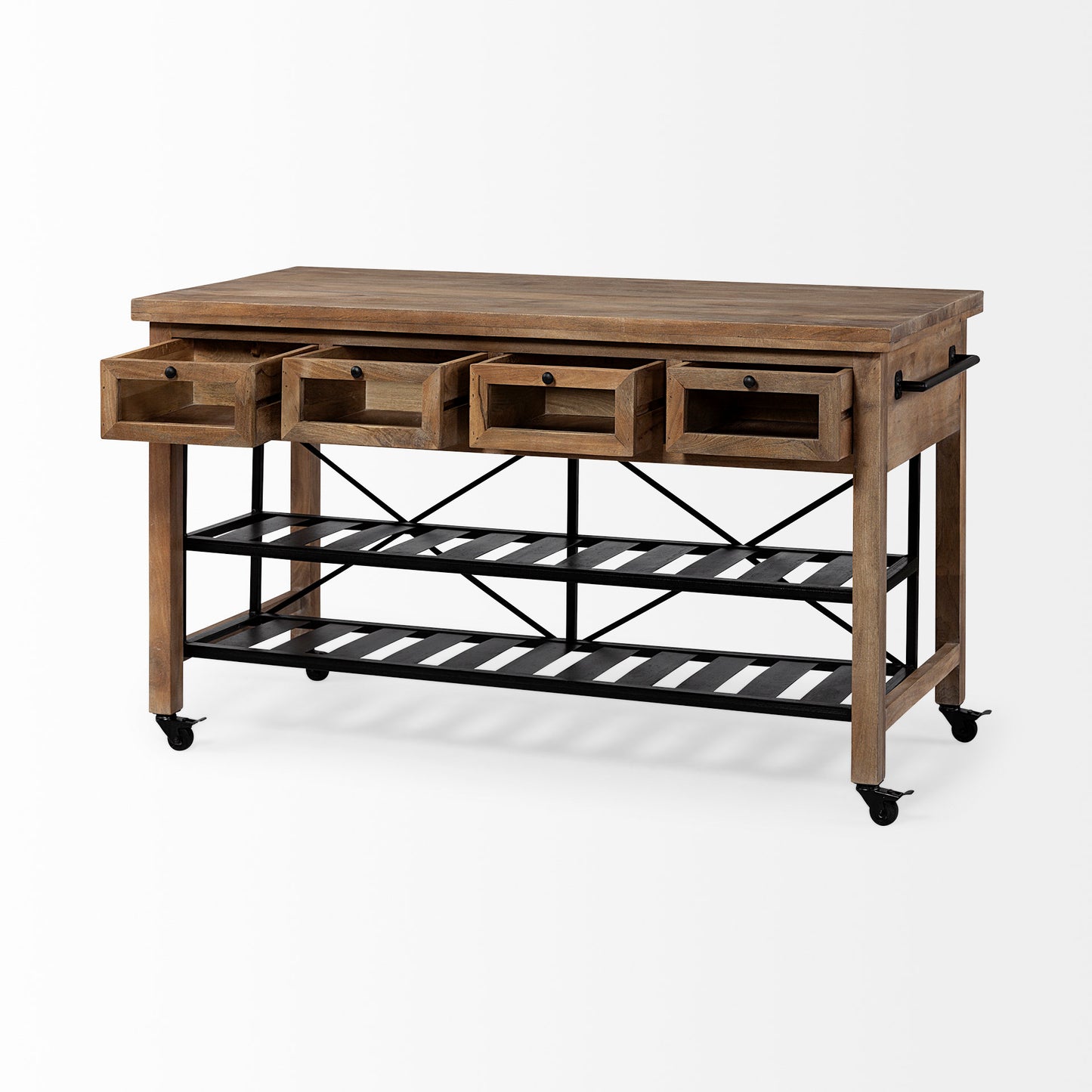 HomeRoots Brown Solid Wood Top Kitchen Island With Two Tier Black Metal Rolling