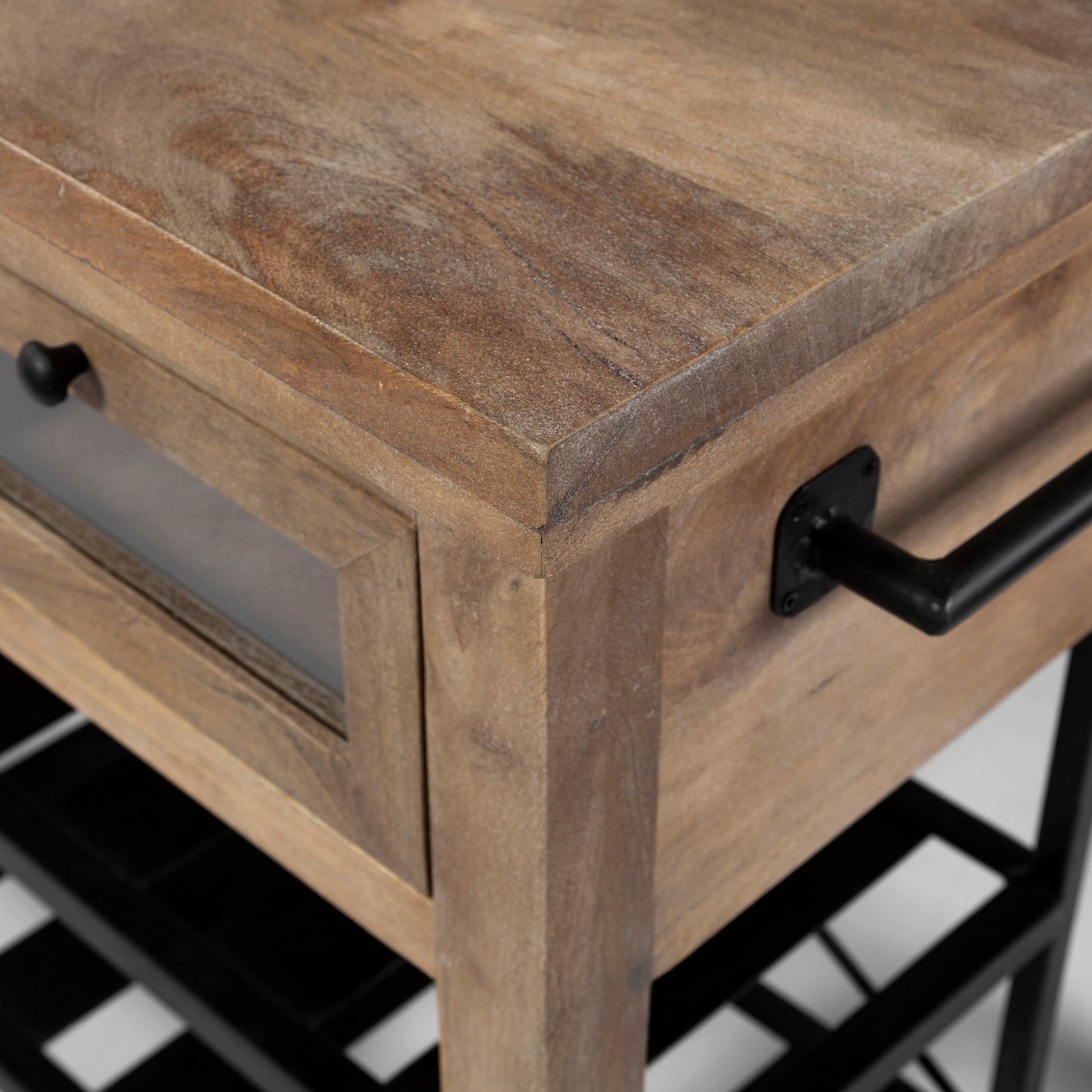HomeRoots Brown Solid Wood Top Kitchen Island With Two Tier Black Metal Rolling