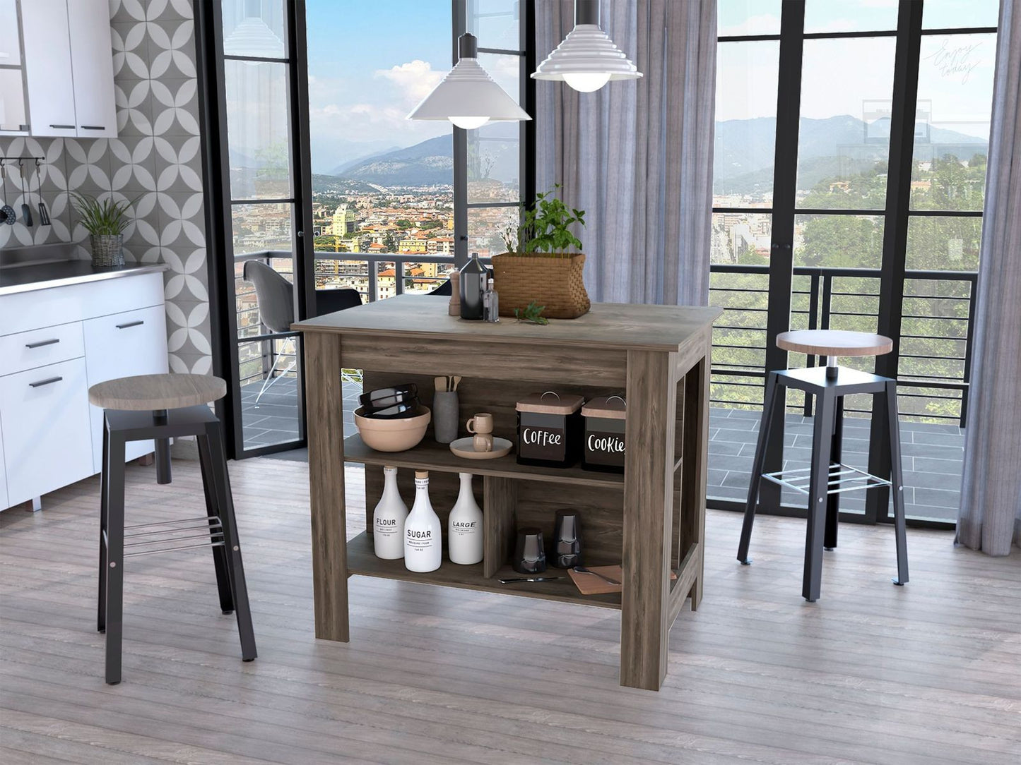 HomeRoots Brown Kitchen Island with Three Storage Shelves