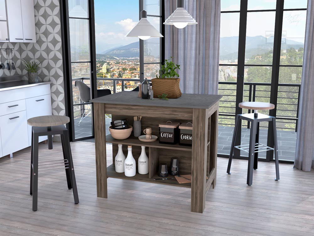 HomeRoots Dark Brown and Onyx Kitchen Island with Three Storage Shelves