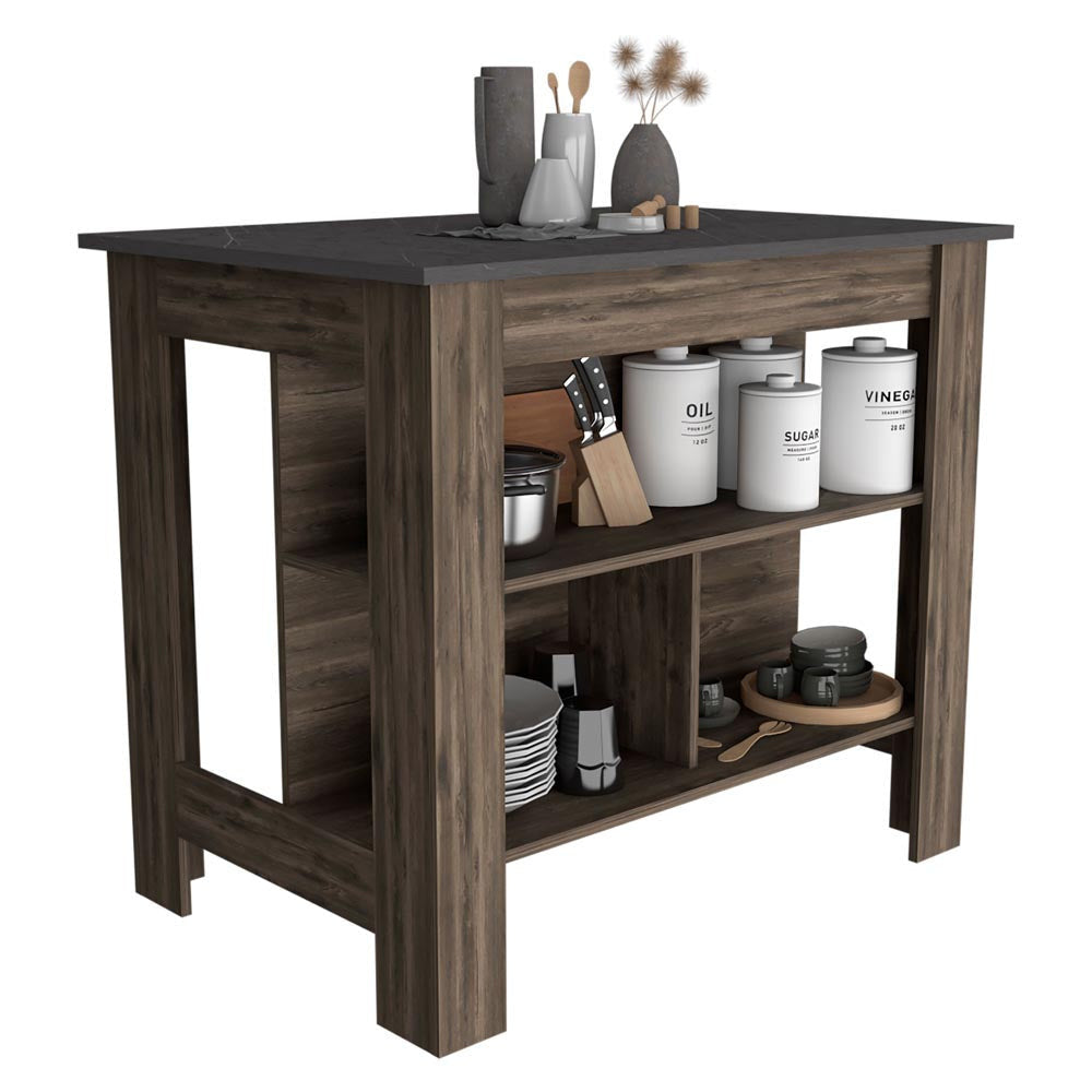 HomeRoots Dark Brown and Onyx Kitchen Island with Three Storage Shelves