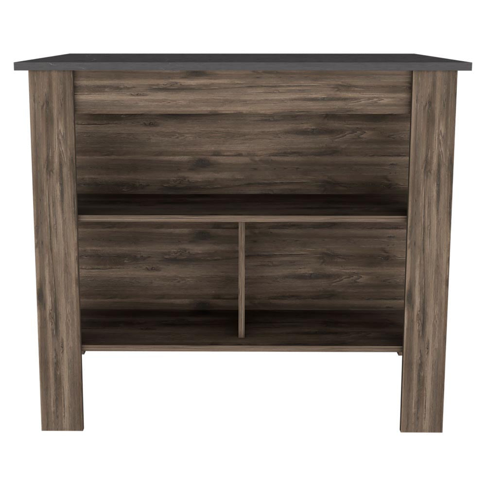 HomeRoots Dark Brown and Onyx Kitchen Island with Three Storage Shelves