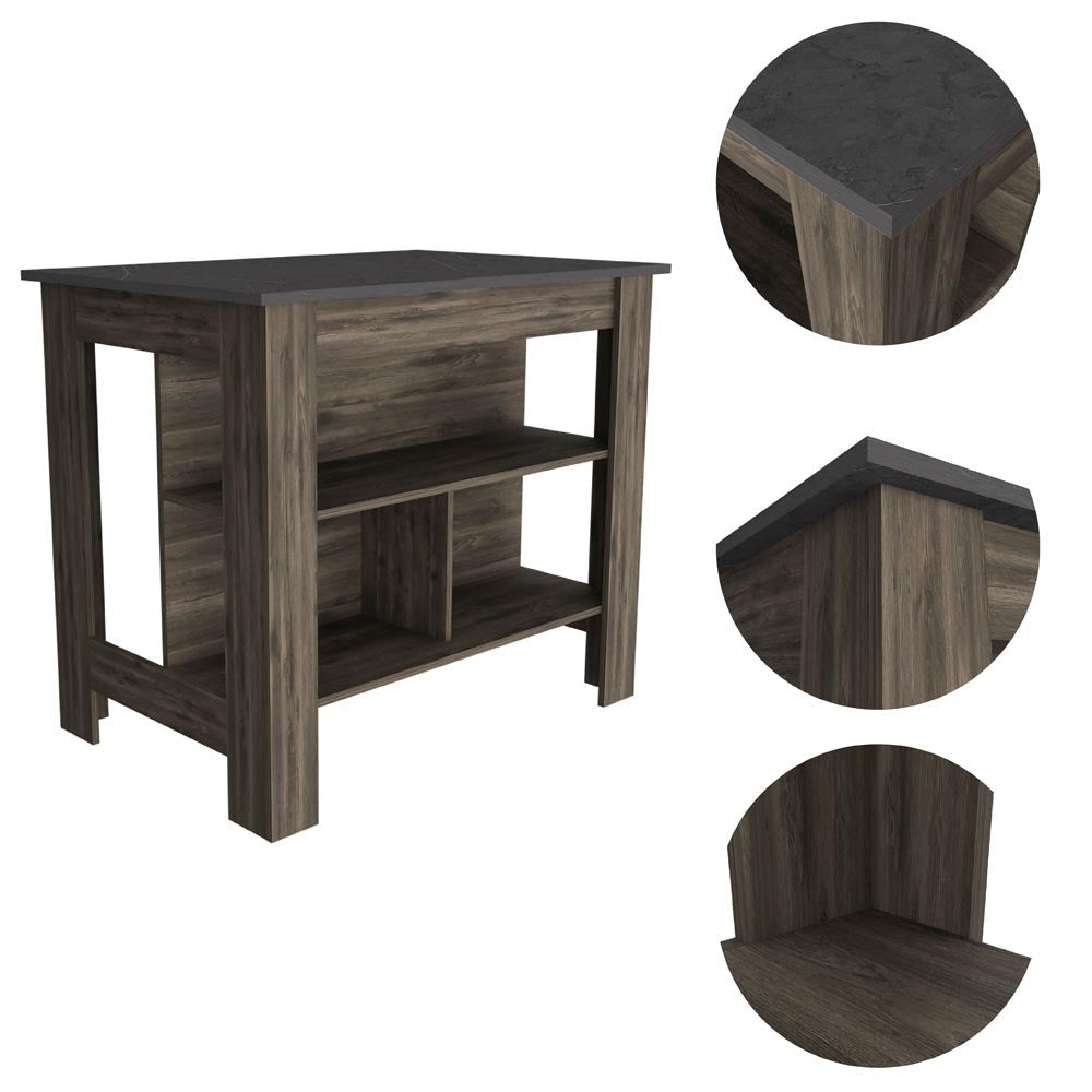 HomeRoots Dark Brown and Onyx Kitchen Island with Three Storage Shelves