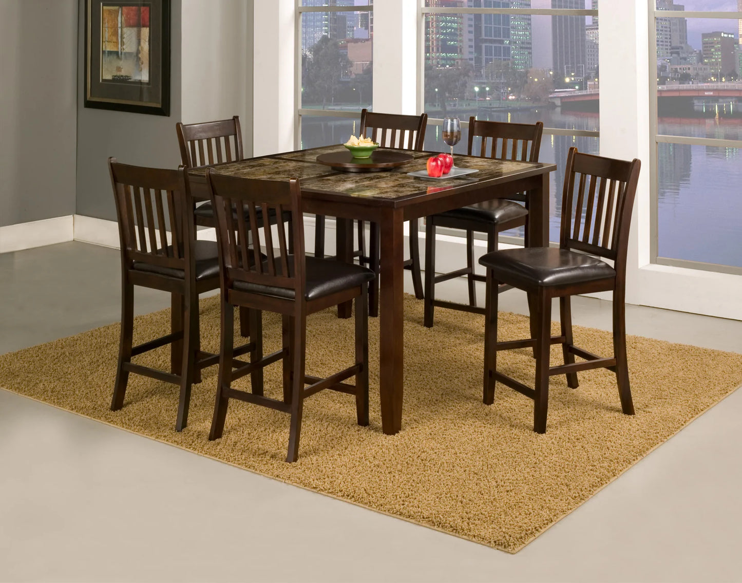Alpine Furniture Capitola Faux Marble Large Pub Table w/ Removable 18" Lazy Susan, Espresso